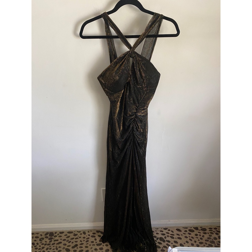 Tawny Vintage Black Gold Metallic Halter Maxi Dress Ruched Front Slit Size Small